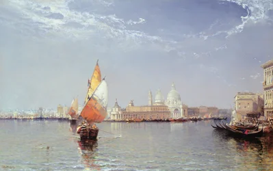 Escena de canal veneciano con la Salute en la distancia